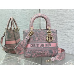 Dior Lady D-Lite Medium Bag in Grey and Pink Toile de Jouy Reverse Embroidery 581