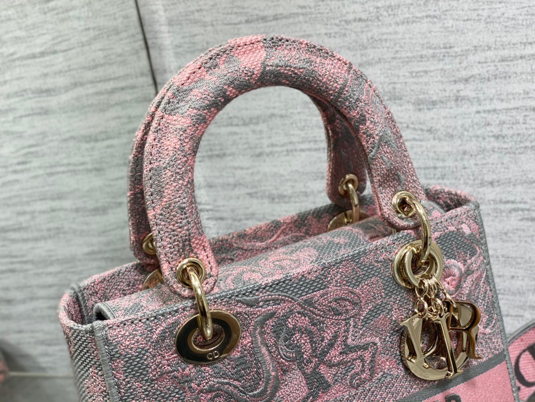 Dior Lady D-Lite Medium Bag in Grey and Pink Toile de Jouy Reverse Embroidery 581