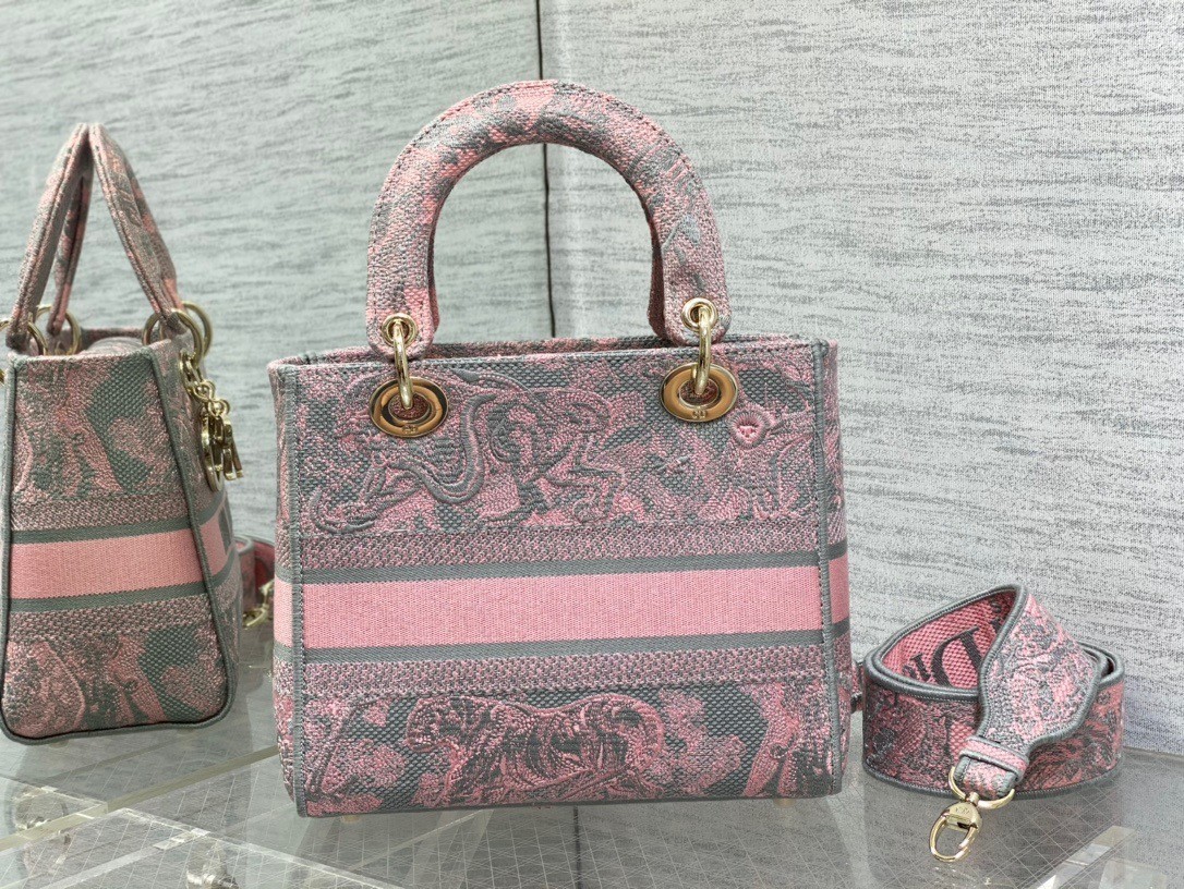 Dior Lady D-Lite Medium Bag in Grey and Pink Toile de Jouy Reverse Embroidery 581