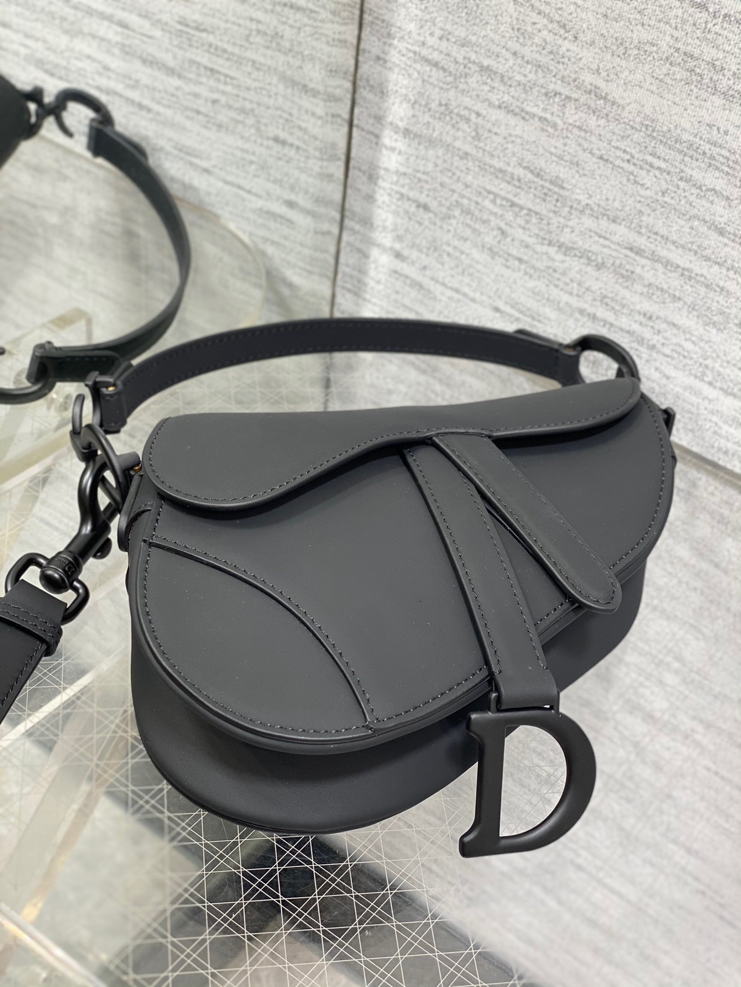 Dior Mini Saddle Bag with Strap in Black Ultramatte Calfskin 552