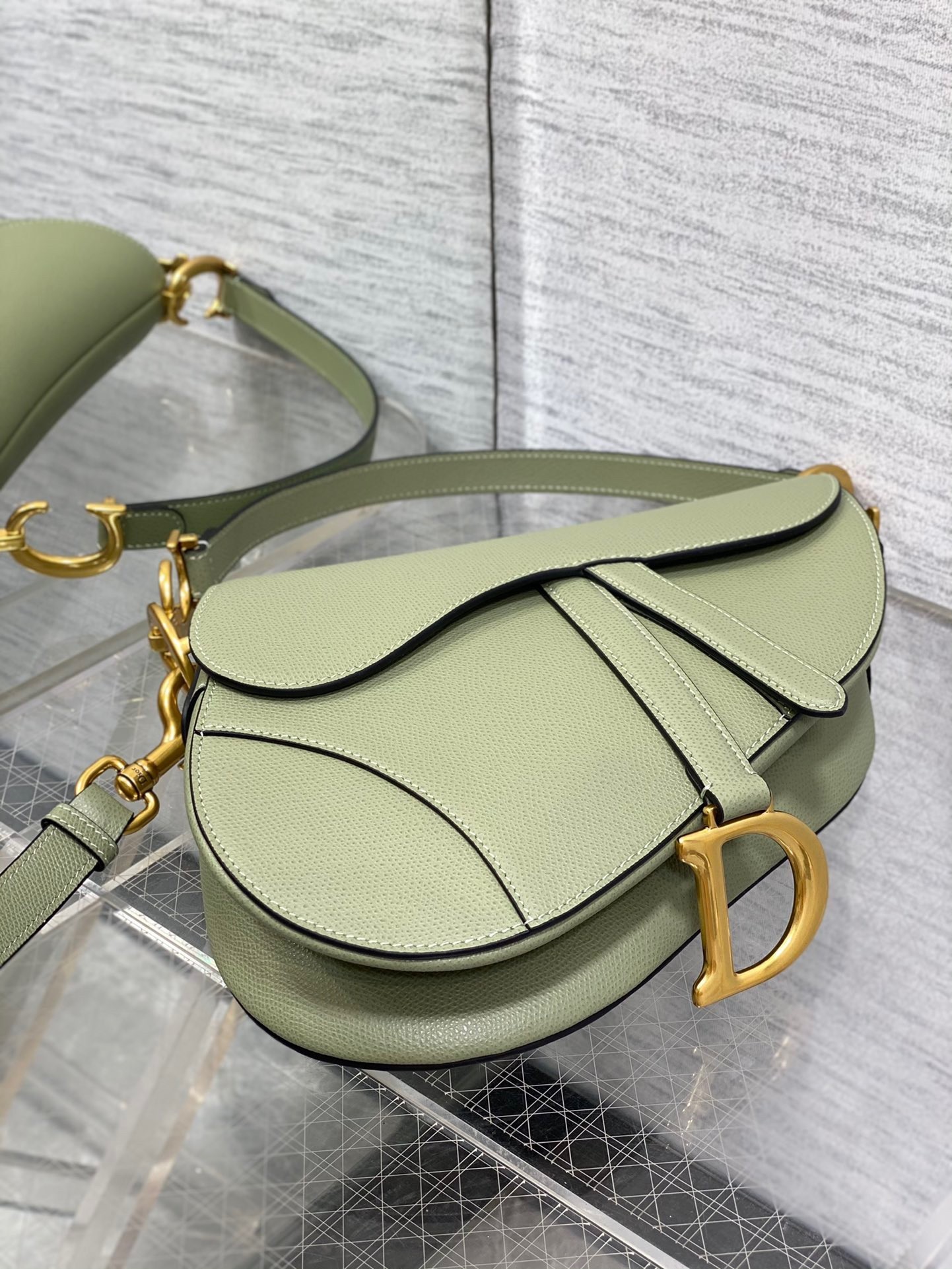 Dior Saddle Bag with Strap in Ethereal Green Grained Calfskin 591