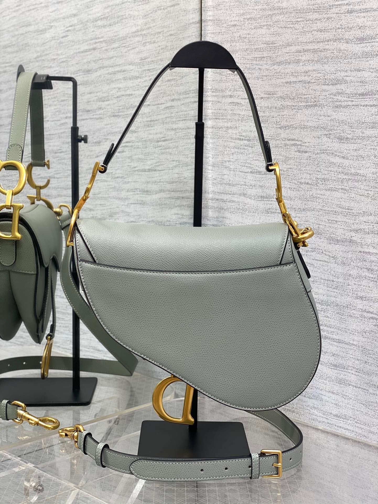 Dior Saddle Bag with Strap in Grey Stone Grained Calfskin 622