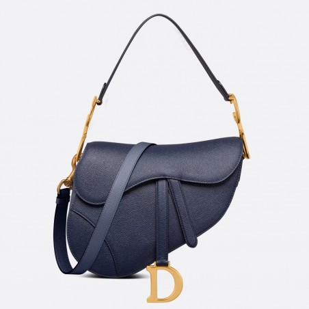 Dior Saddle Bag with Strap in Indigo Blue Grained Calfskin 647