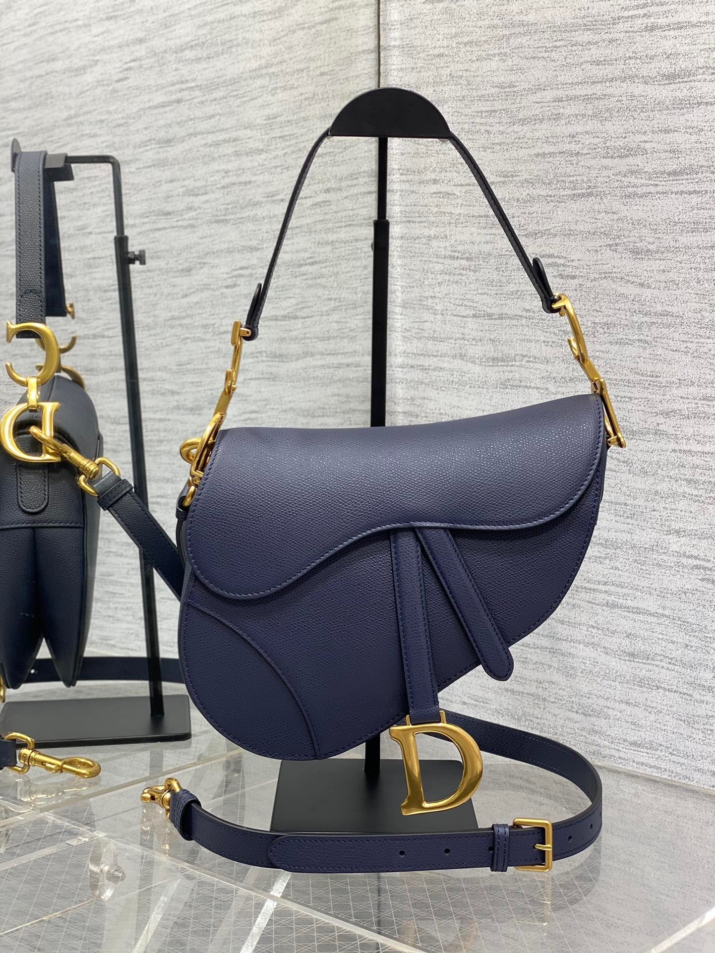 Dior Saddle Bag with Strap in Indigo Blue Grained Calfskin 647