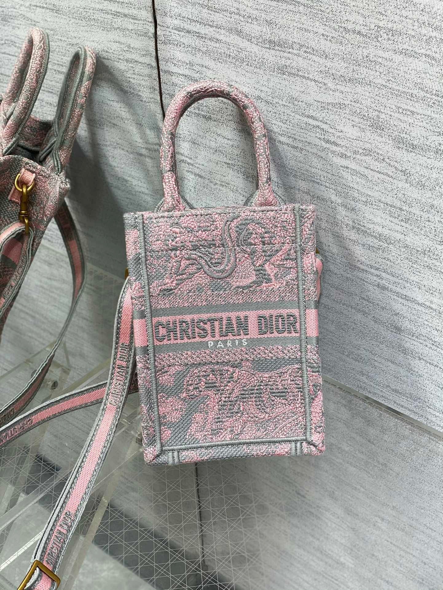 Dior Mini Dioriviera Book Tote Phone Bag In Pink Toile de Jouy Reverse Embroidery 691
