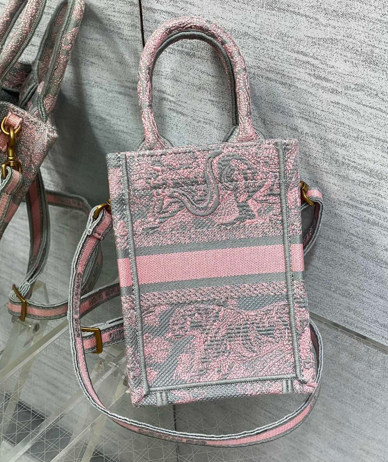 Dior Mini Dioriviera Book Tote Phone Bag In Pink Toile de Jouy Reverse Embroidery 691