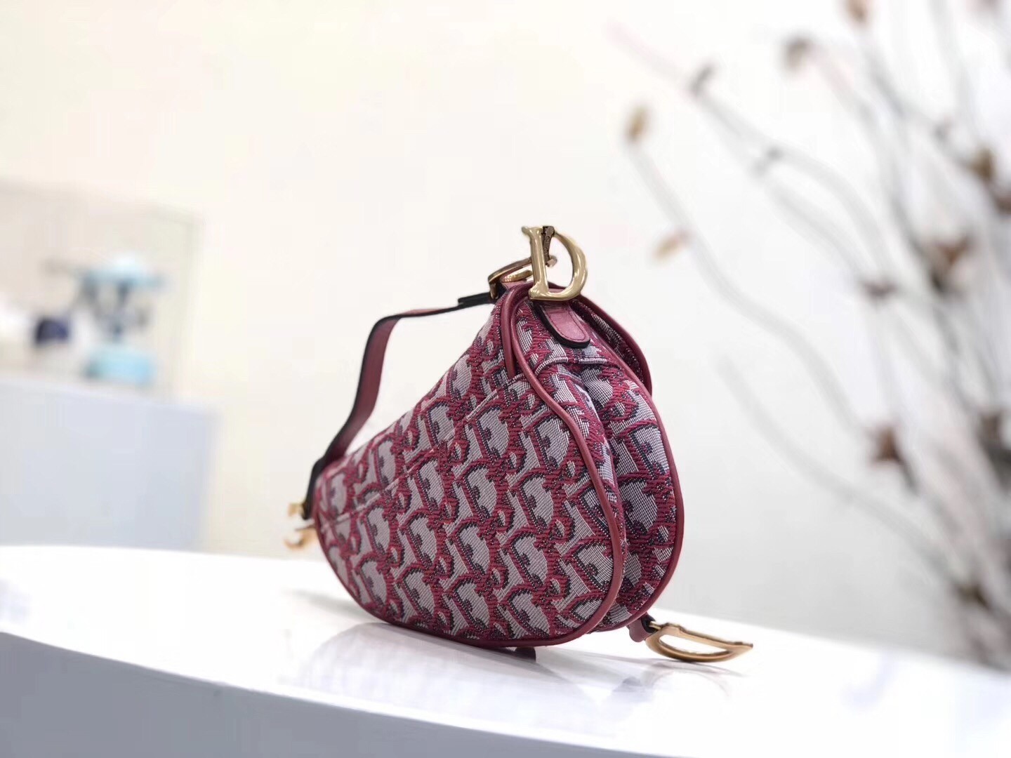 Dior Mini Saddle Bag In Bordeaux Oblique Jacquard Canvas 611