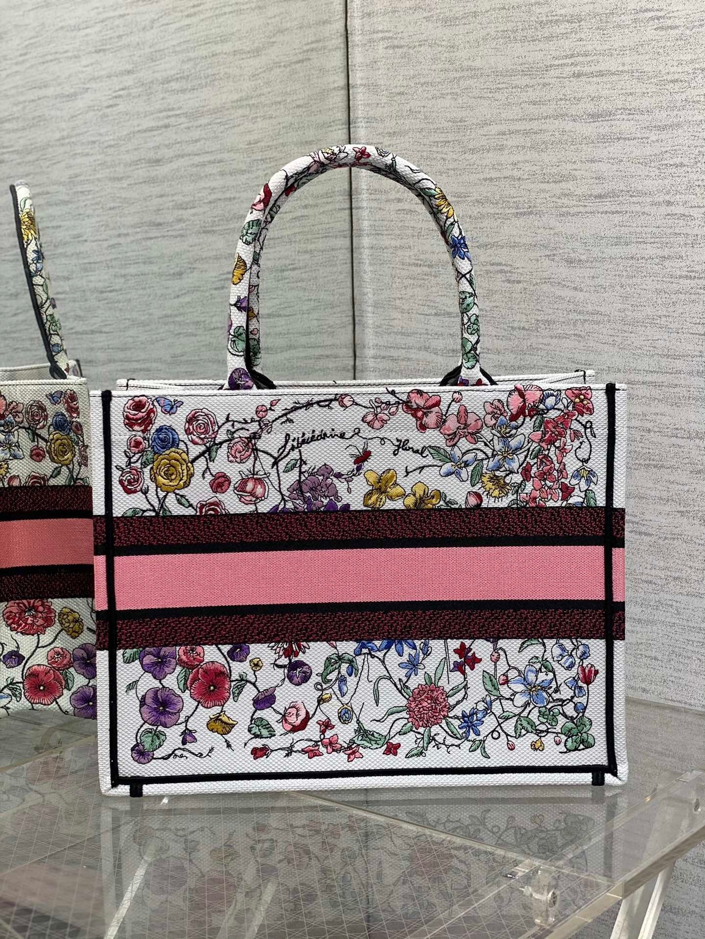 Dior Medium Book Tote Bag In White Multicolor Florilegio Embroidery 423