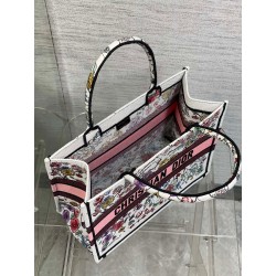 Dior Medium Book Tote Bag In White Multicolor Florilegio Embroidery 423