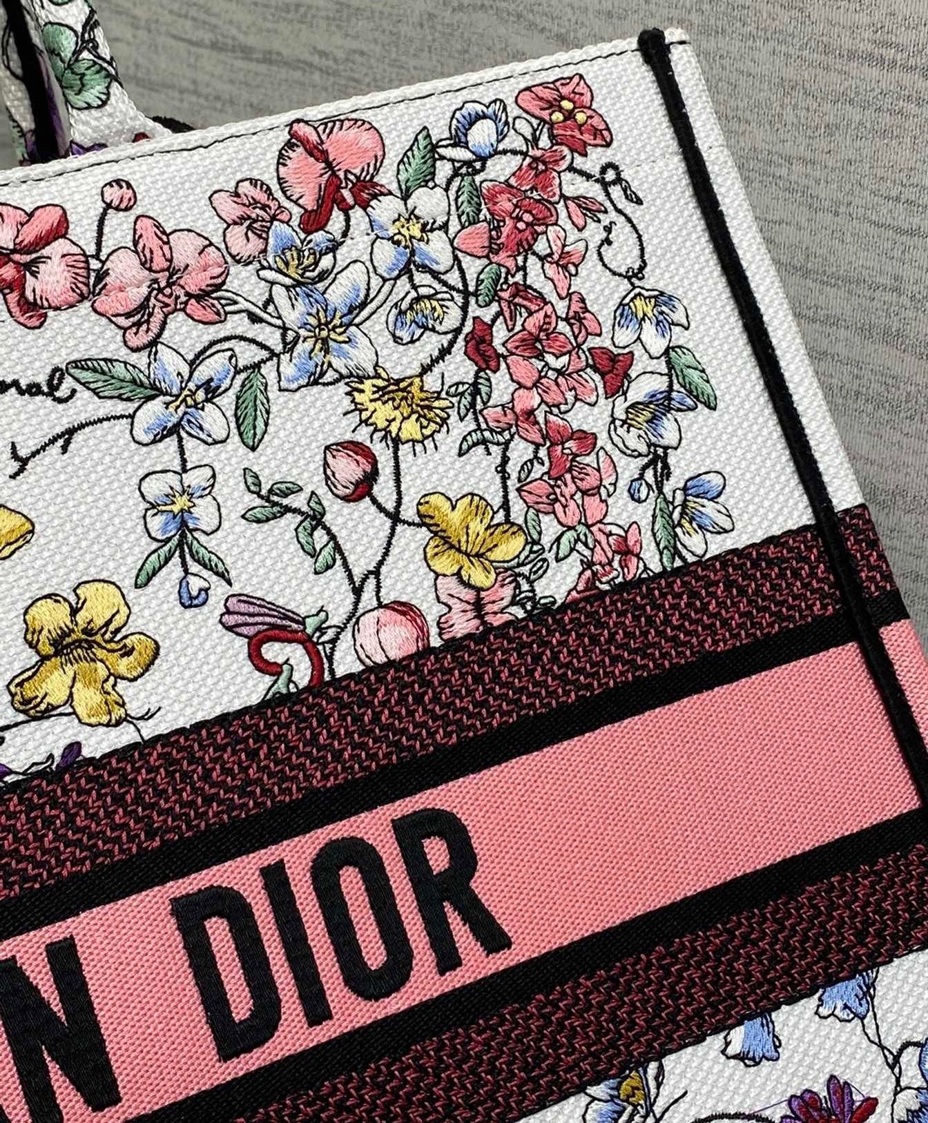 Dior Large Book Tote Bag In White Multicolor Florilegio Embroidery 461