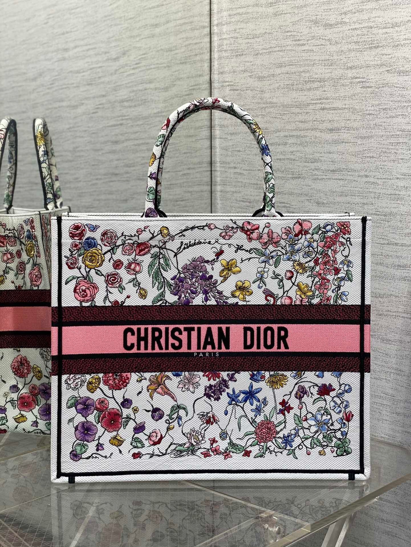 Dior Large Book Tote Bag In White Multicolor Florilegio Embroidery 461