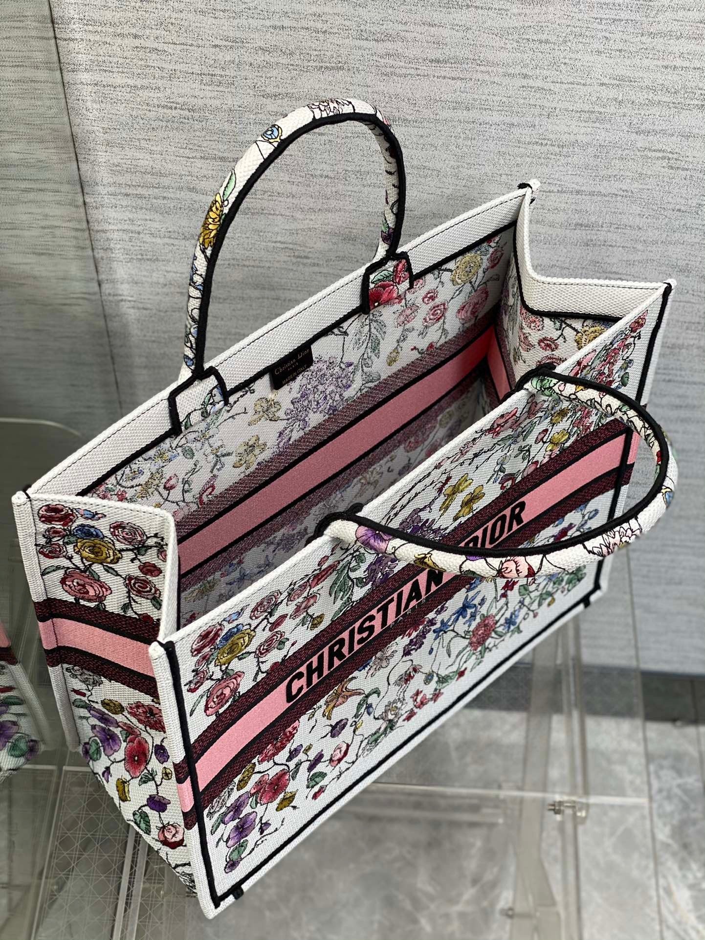 Dior Large Book Tote Bag In White Multicolor Florilegio Embroidery 461