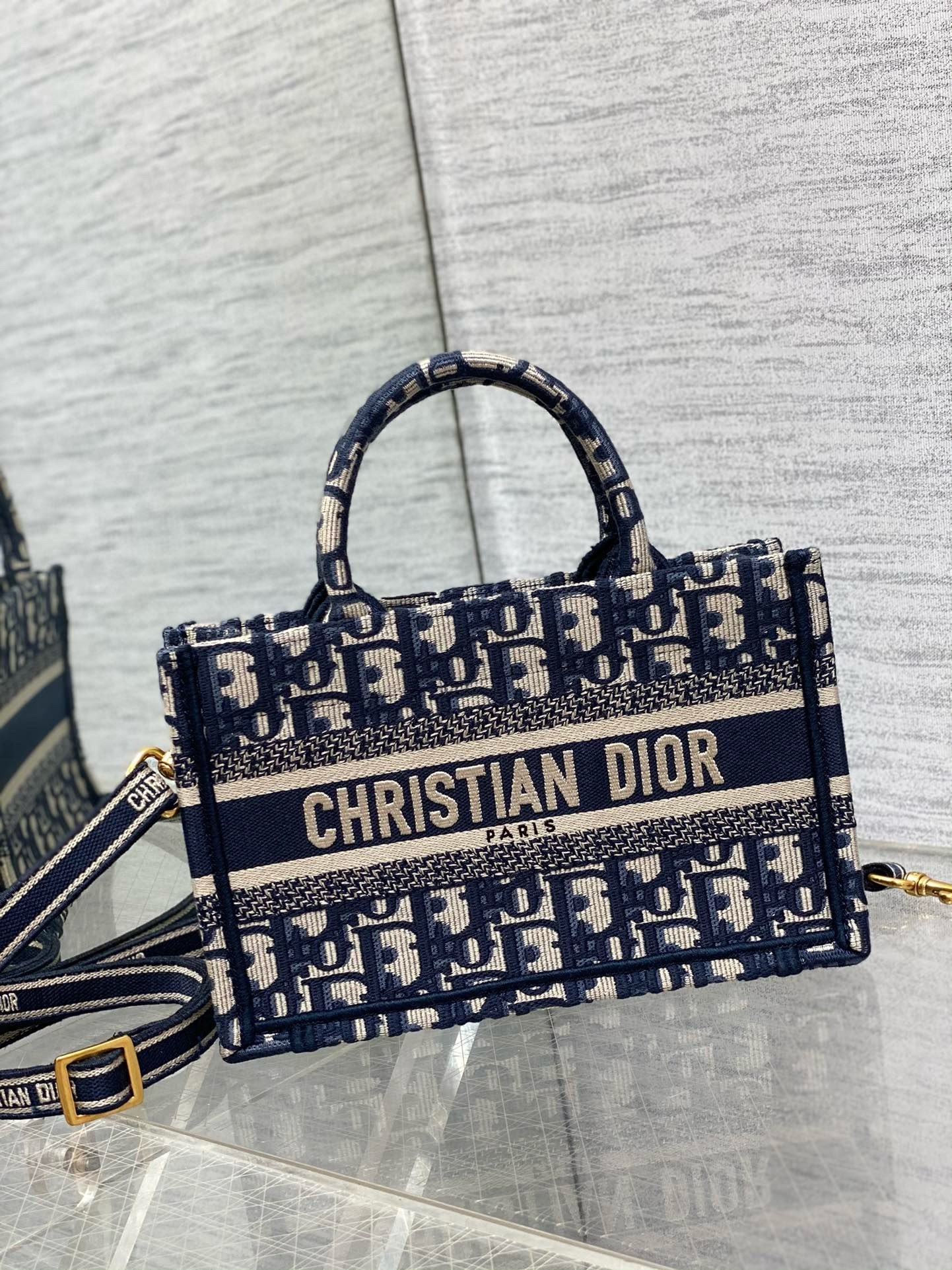 Dior Mini Book Tote with Strap in Blue Dior Oblique Embroidery 234