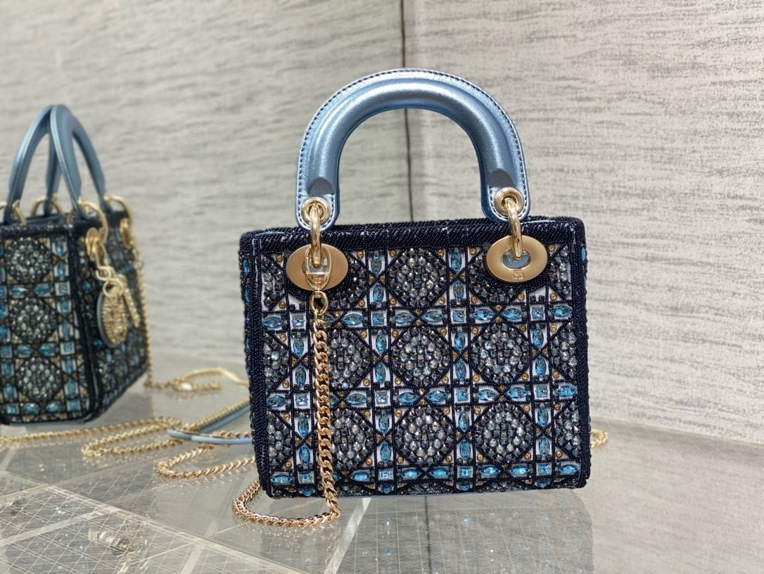 Dior Lady Dior Mini Chain Bag in Satin with Blue Bead Embroidery 428