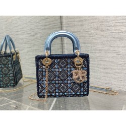 Dior Lady Dior Mini Chain Bag in Satin with Blue Bead Embroidery 428