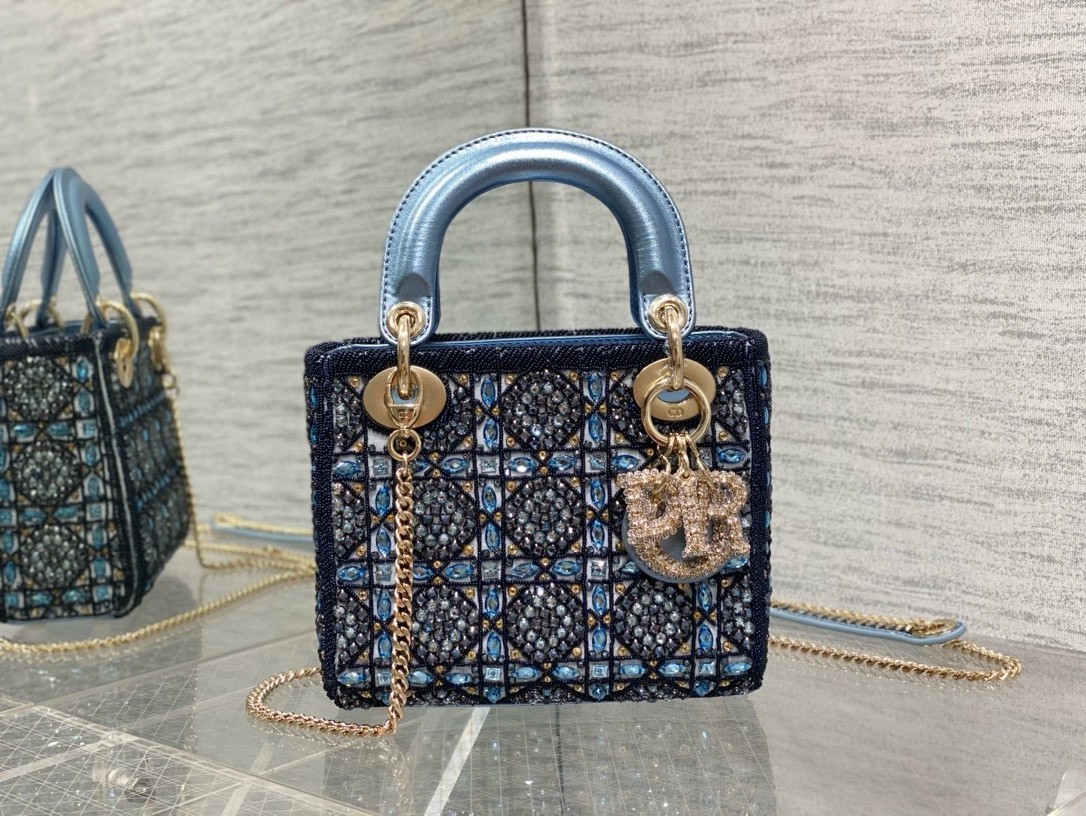 Dior Lady Dior Mini Chain Bag in Satin with Blue Bead Embroidery 428