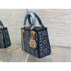 Dior Lady Dior Mini Chain Bag in Satin with Blue Bead Embroidery 428