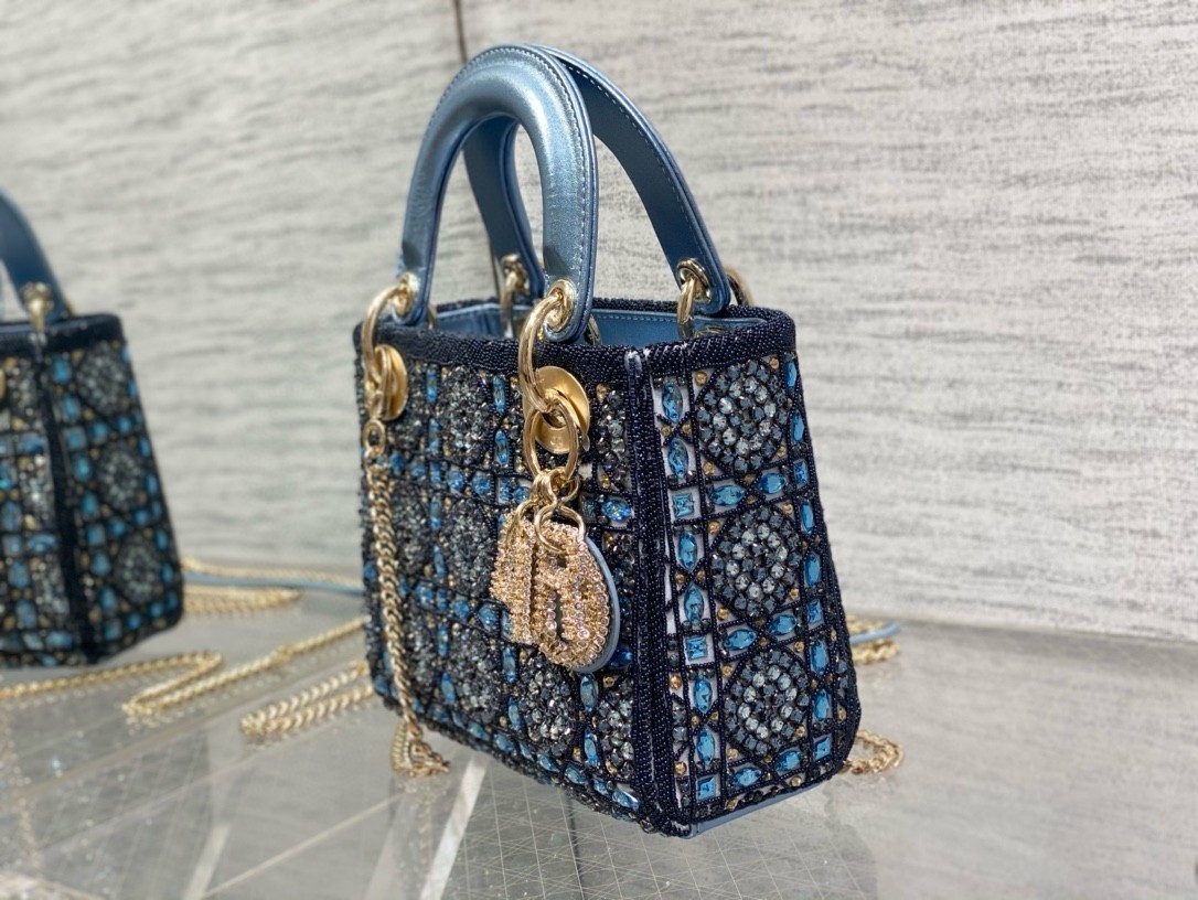 Dior Lady Dior Mini Chain Bag in Satin with Blue Bead Embroidery 428