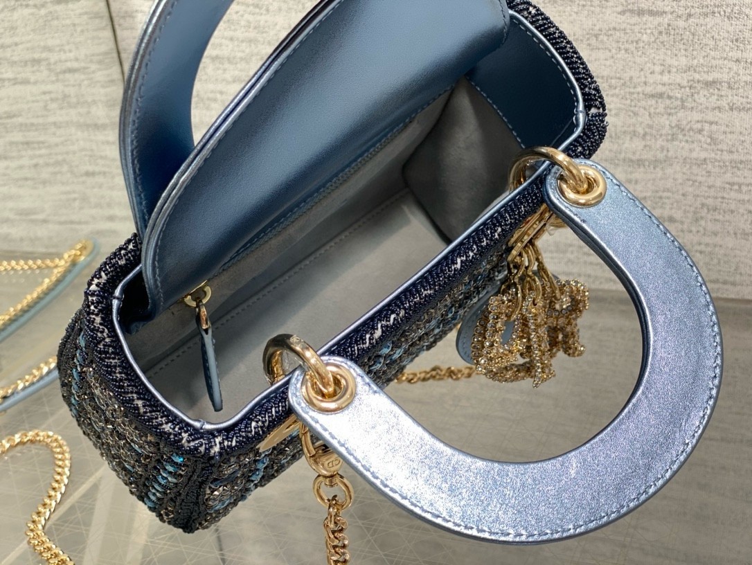 Dior Lady Dior Mini Chain Bag in Satin with Blue Bead Embroidery 428