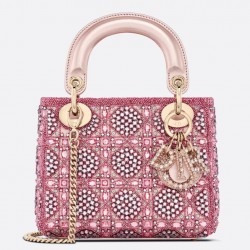 Dior Lady Dior Mini Chain Bag in Satin with Pink Resin Pearl Embroidery 446