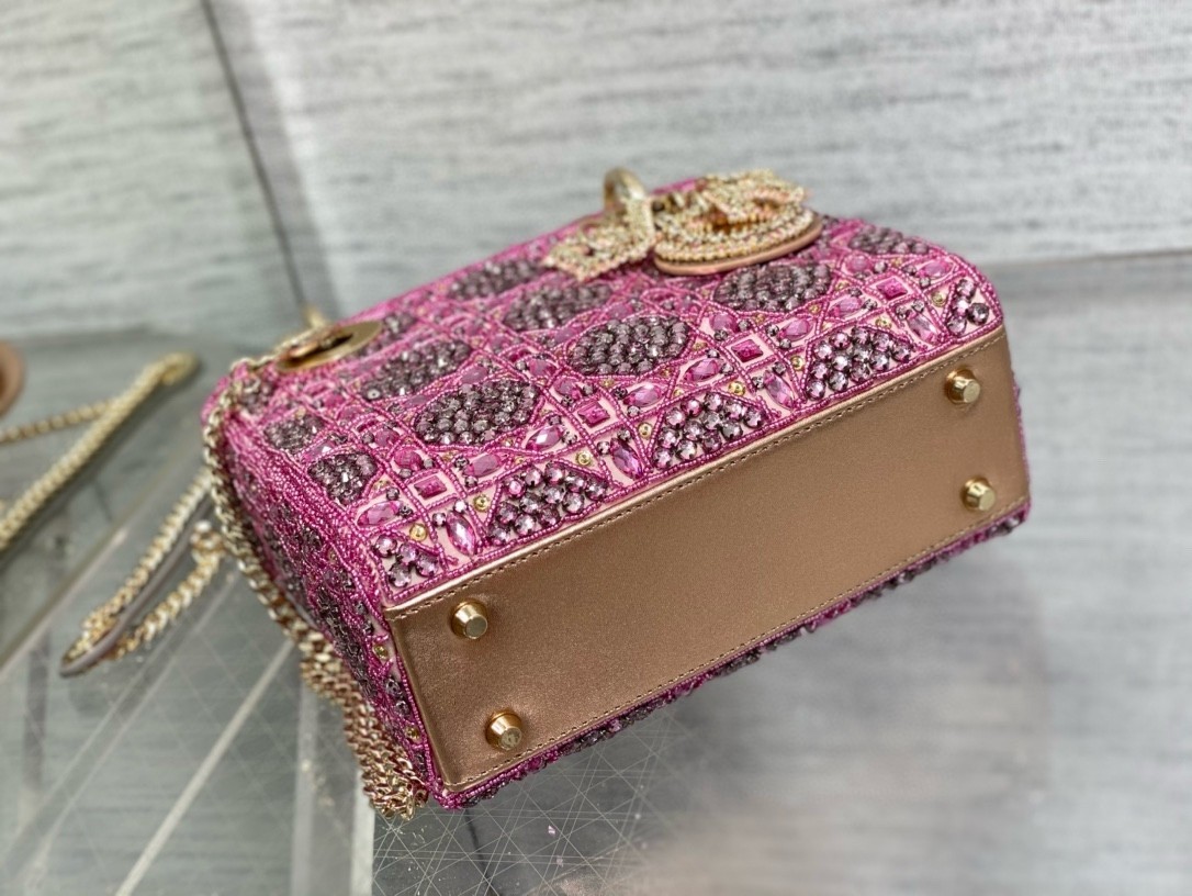 Dior Lady Dior Mini Chain Bag in Satin with Pink Resin Pearl Embroidery 446