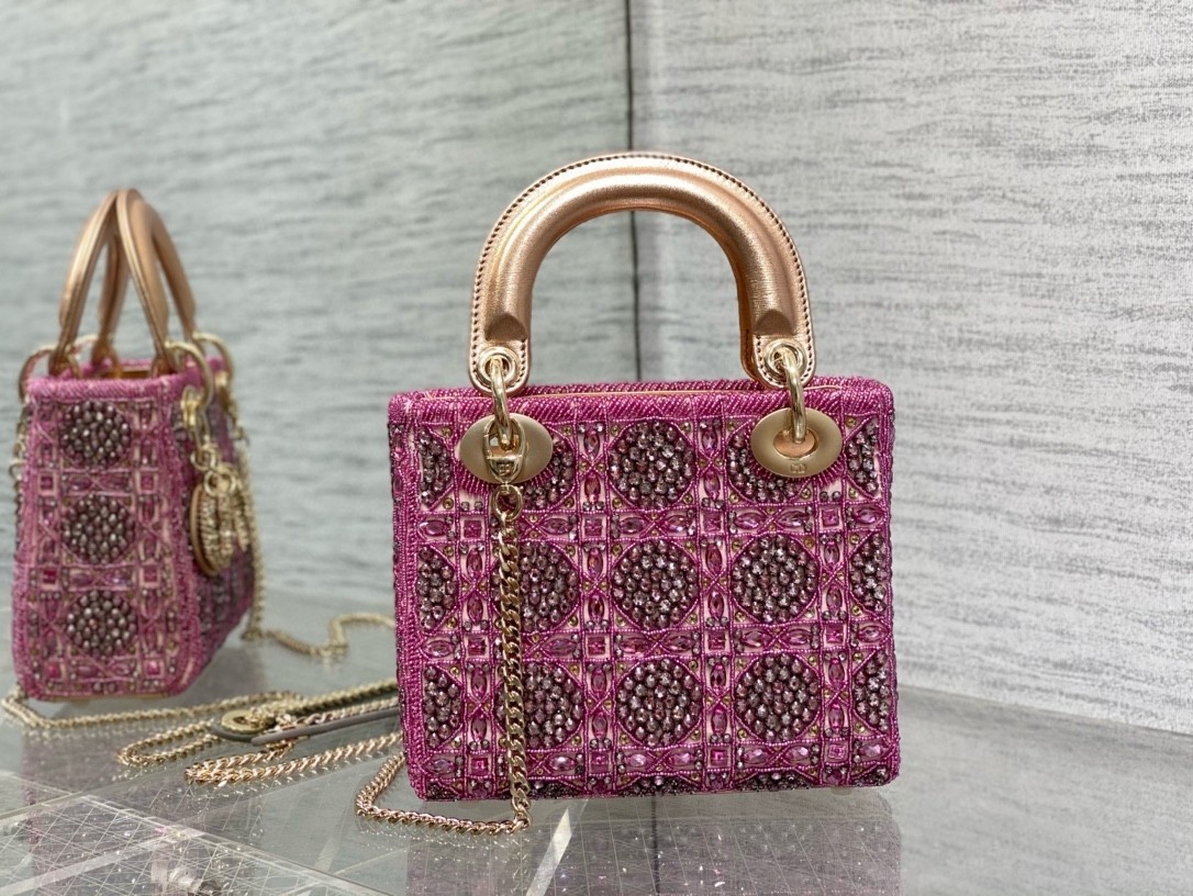 Dior Lady Dior Mini Chain Bag in Satin with Pink Resin Pearl Embroidery 446