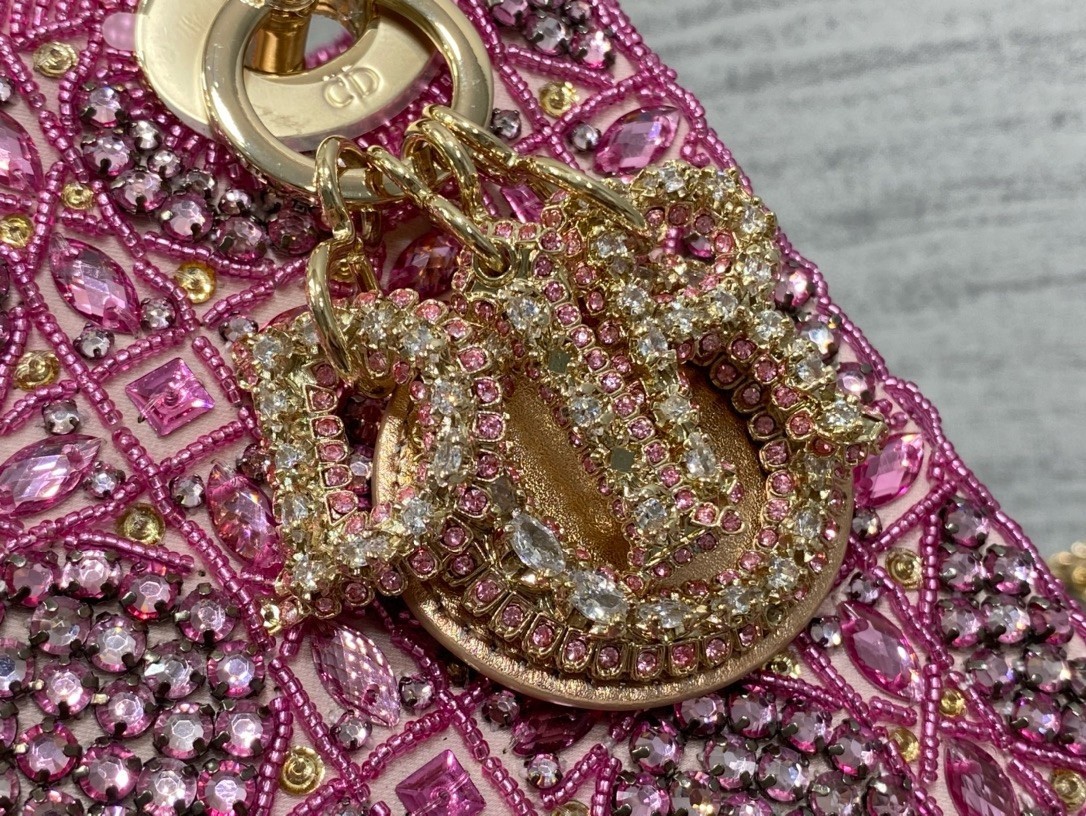 Dior Lady Dior Mini Chain Bag in Satin with Pink Resin Pearl Embroidery 446