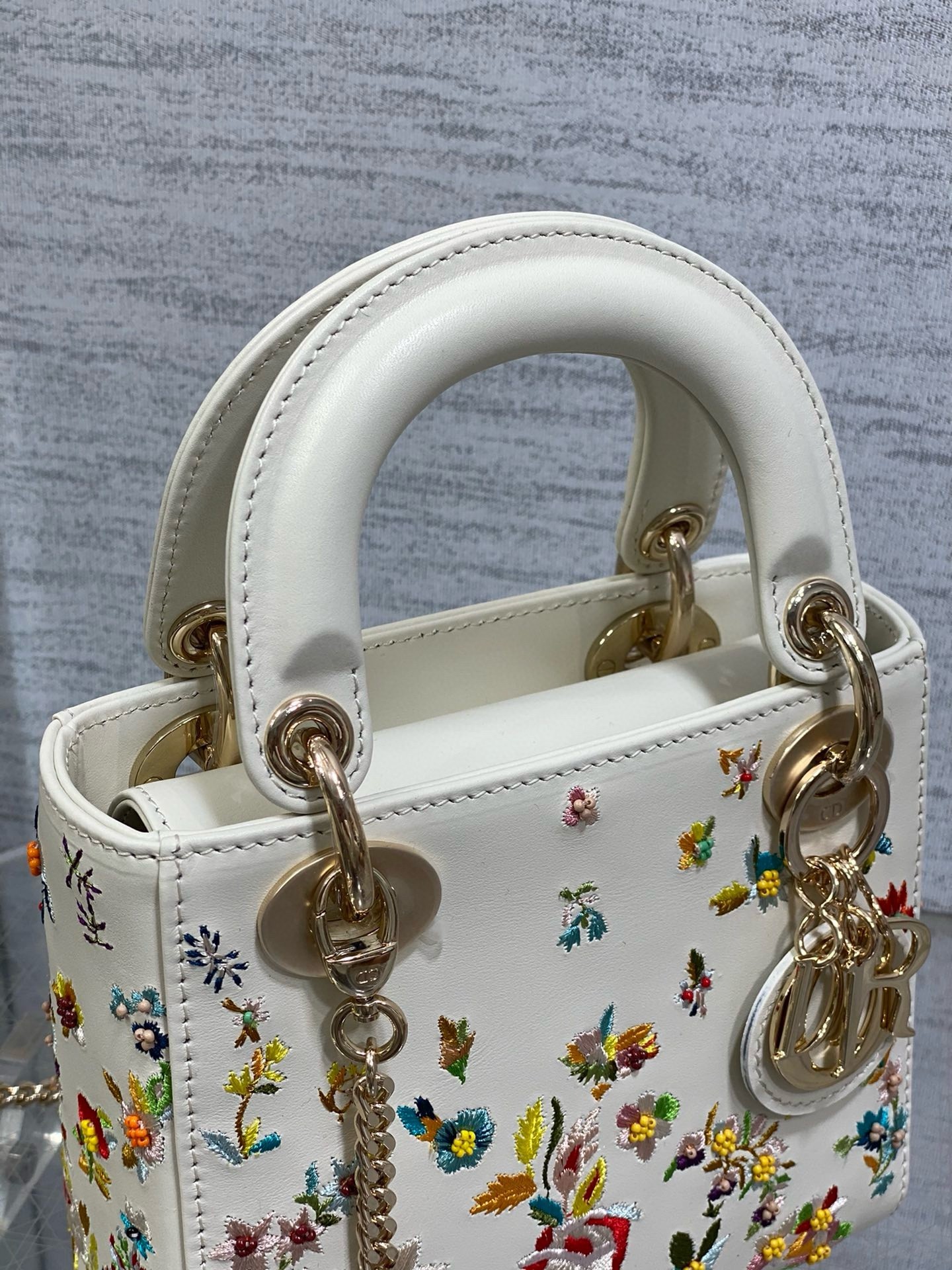 Dior Lady Dior Mini Bag in White Calfskin with Multicolor Small Flowers 478