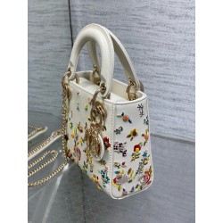 Dior Lady Dior Mini Bag in White Calfskin with Multicolor Small Flowers 478