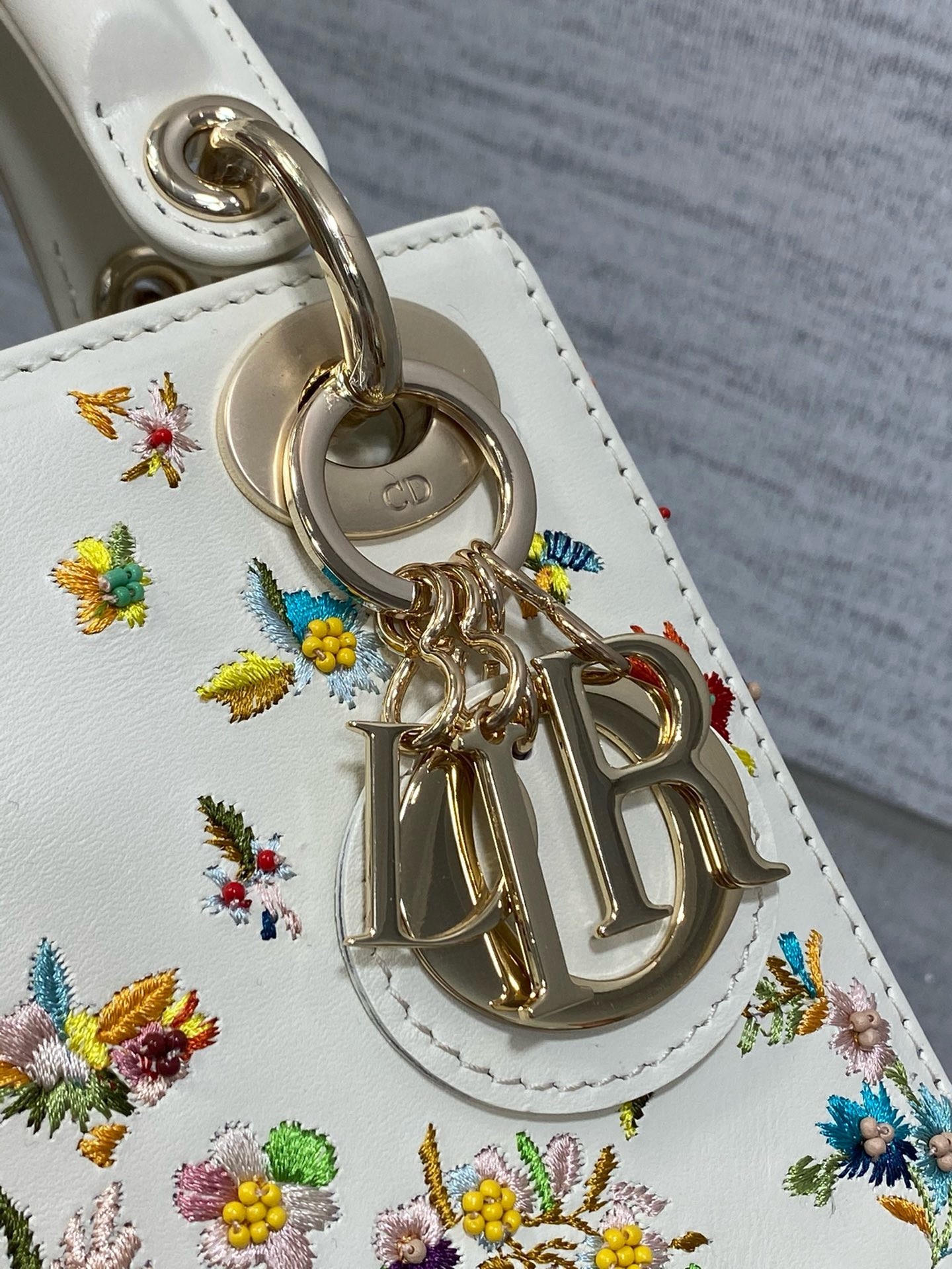 Dior Lady Dior Mini Bag in White Calfskin with Multicolor Small Flowers 478