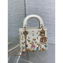 Dior Lady Dior Mini Bag in White Calfskin with Multicolor Small Flowers 478