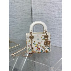 Dior Lady Dior Mini Bag in White Calfskin with Multicolor Small Flowers 478