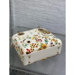 Dior Lady Dior Mini Bag in White Calfskin with Multicolor Small Flowers 478