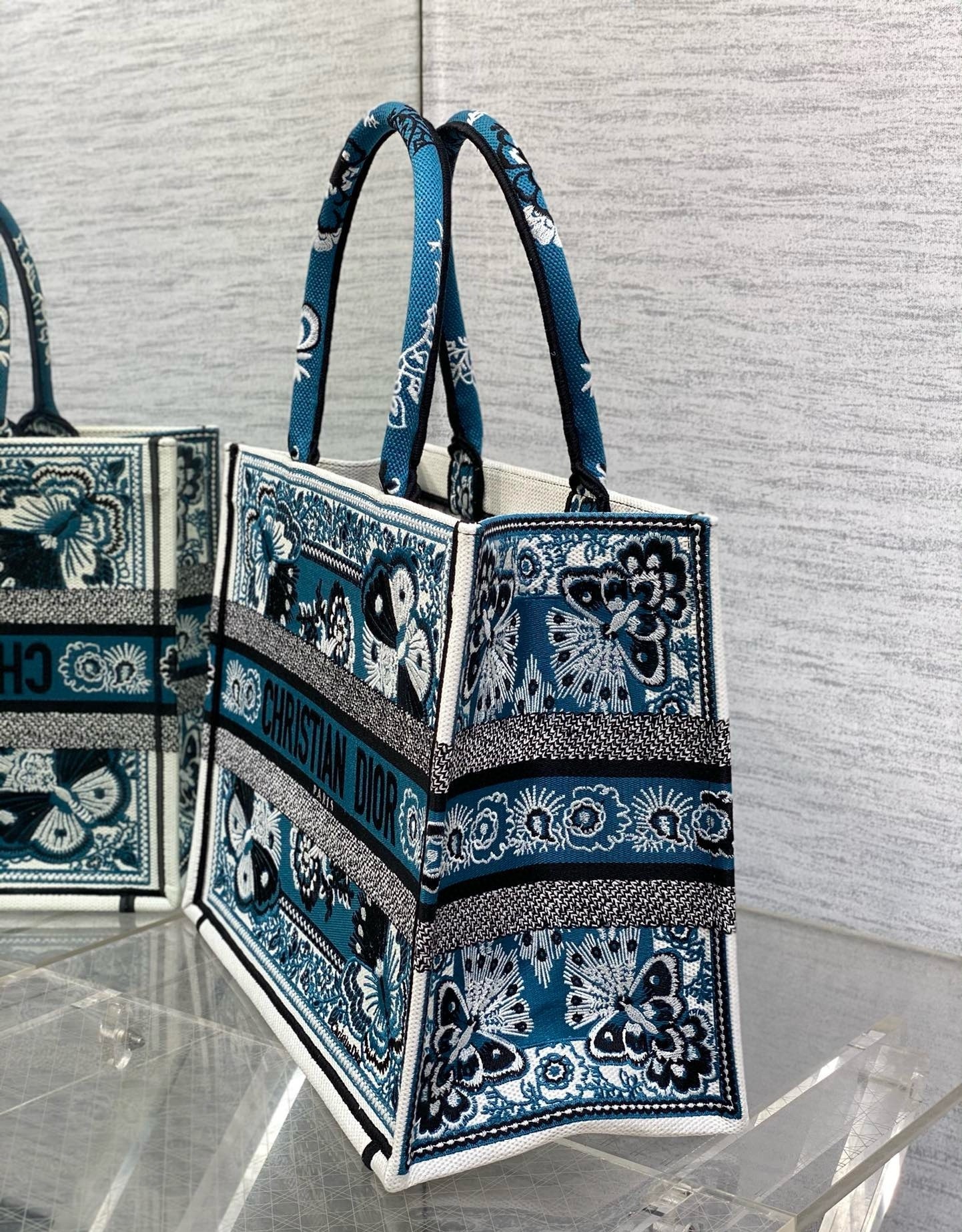 Dior Medium Book Tote Bag in Blue Butterfly Bandana Embroidery 549