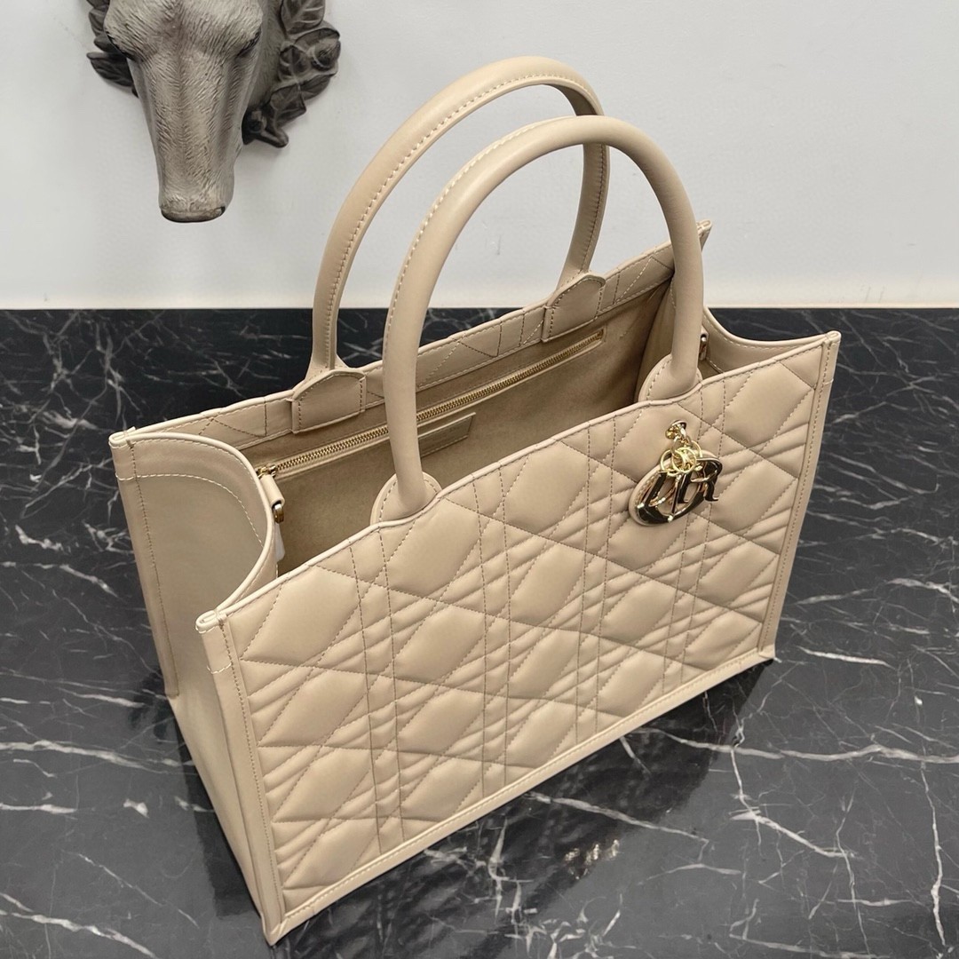 Dior Medium Book Tote Bag with Strap in Beige Macrocannage Calfskin 066