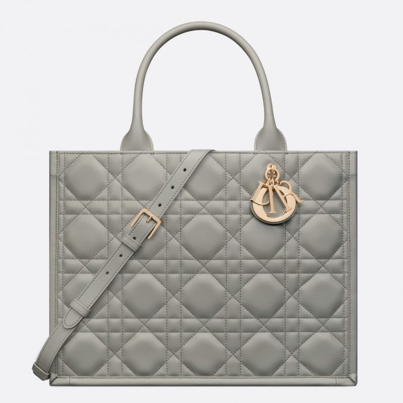 Dior Medium Book Tote Bag with Strap in Grey Macrocannage Calfskin 099