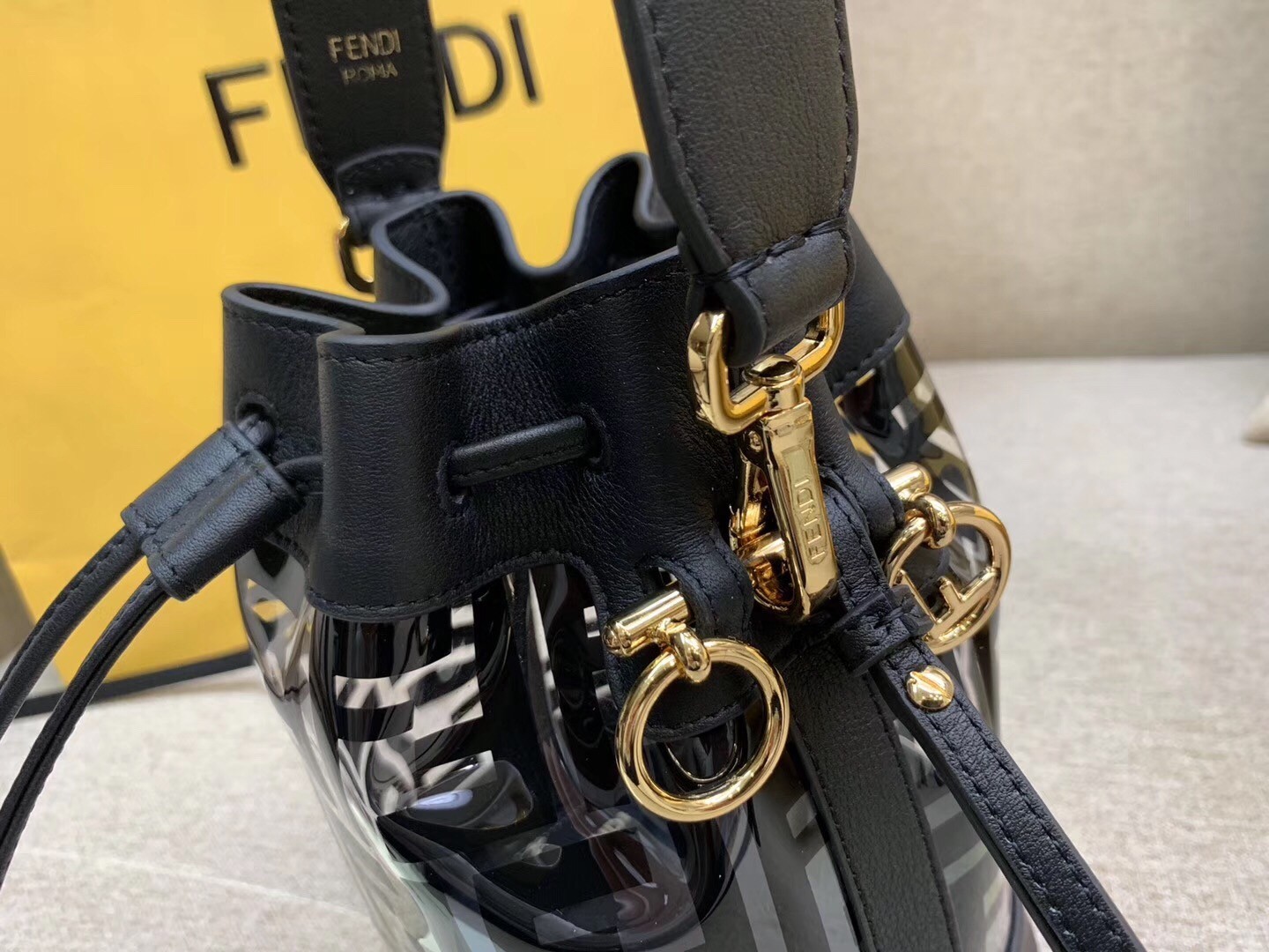 Fendi Black Mon Tresor Mini Bucket Bag In Transparent PU 464