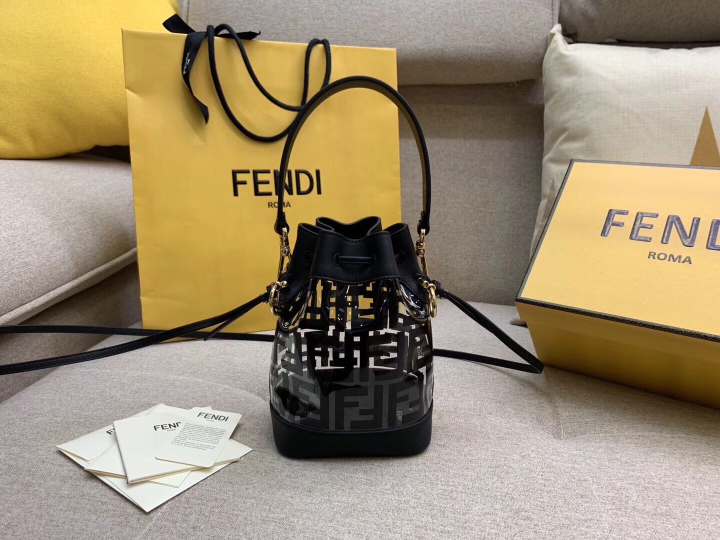 Fendi Black Mon Tresor Mini Bucket Bag In Transparent PU 464