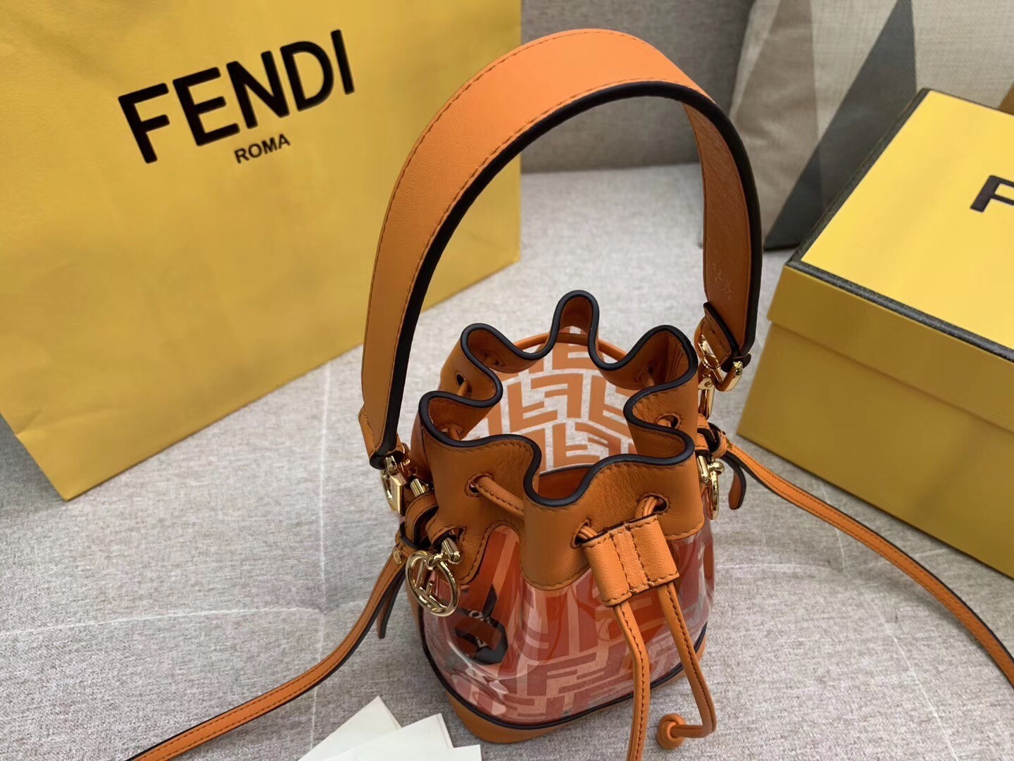 Fendi Orange Mon Tresor Mini Bucket Bag In Transparent PU 605