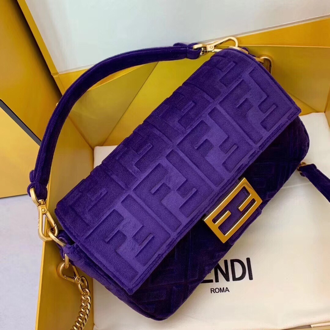 Fendi Purple Velvet FF Motif Medium Baguette Bag 453