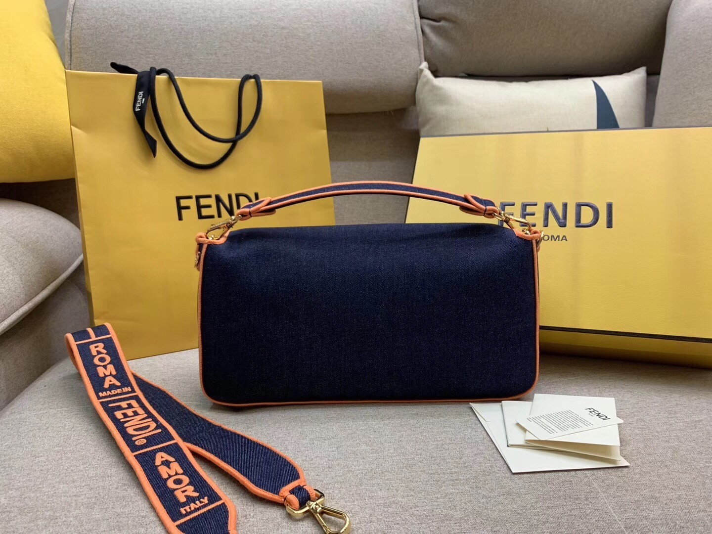 Fendi Large Baguette Bag In Blue Denim With Orange Trim 055