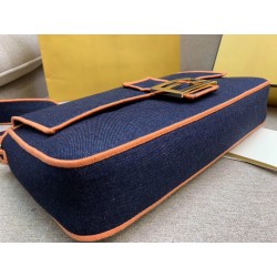 Fendi Large Baguette Bag In Blue Denim With Orange Trim 055