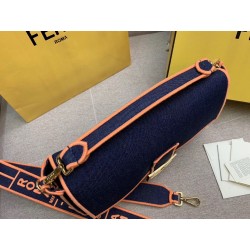 Fendi Large Baguette Bag In Blue Denim With Orange Trim 055