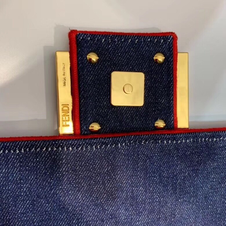 Fendi Large Baguette Bag In Blue Denim With Red Trim 728