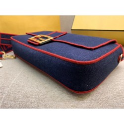 Fendi Large Baguette Bag In Blue Denim With Red Trim 728
