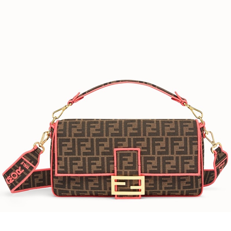 Fendi Baguette Large Bag In FF Fabric With Pink Trim 765