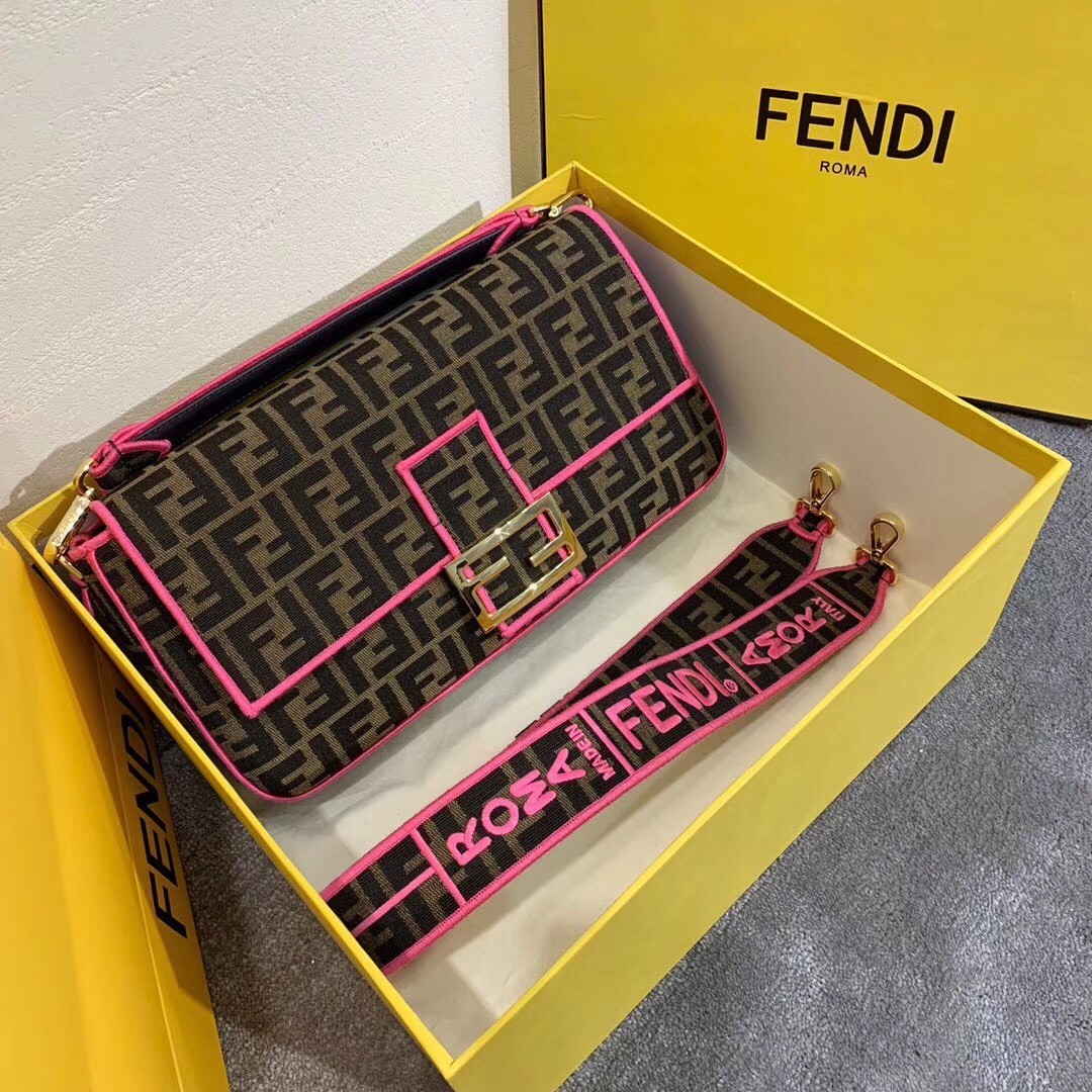 Fendi Baguette Large Bag In FF Fabric With Pink Trim 765