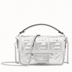 Fendi Baguette Mini Bag In Silver Lambskin With FF Motif 525