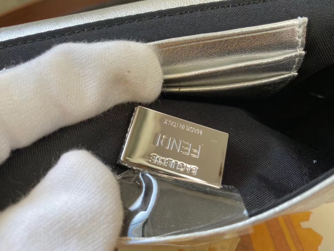Fendi Baguette Mini Bag In Silver Lambskin With FF Motif 525