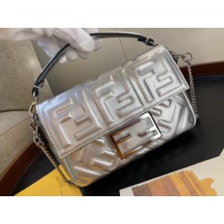 Fendi Baguette Mini Bag In Silver Lambskin With FF Motif 525